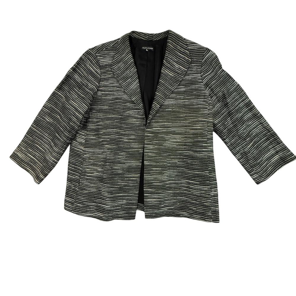 Eileen Fisher Blazer Women's‎ Petite Small Striped Linen Blend Jacket Pockets